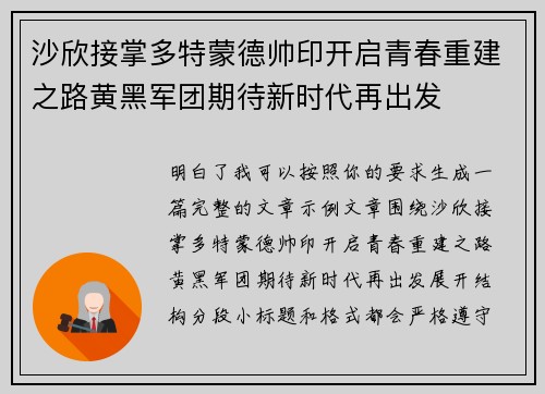 沙欣接掌多特蒙德帅印开启青春重建之路黄黑军团期待新时代再出发 沙欣接掌多特蒙德帅印开启青春重建之路黄黑军团期待新时代再出发